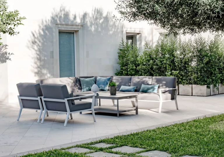 Outdoor patio with gray cushioned seats