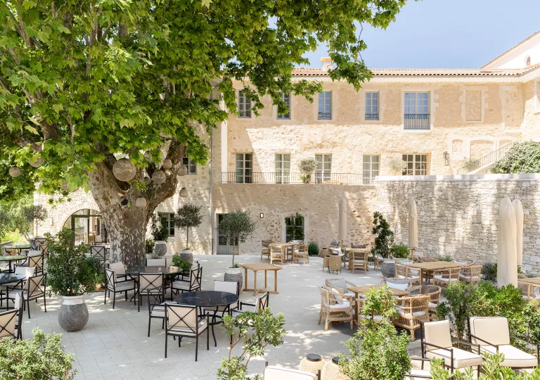 outdoor seating in hotel courtyard