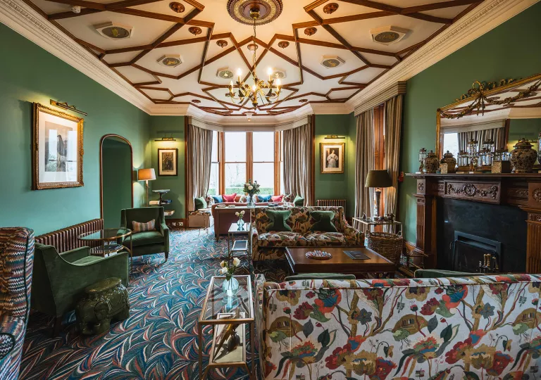 colorful living room with fireplace