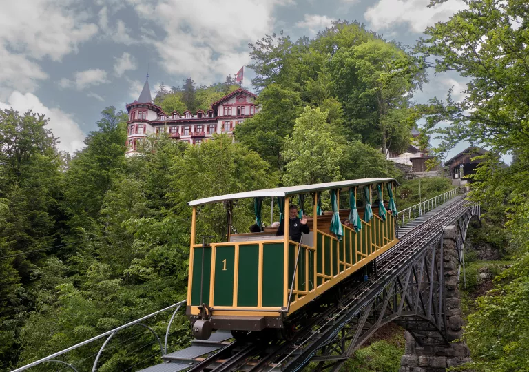 Descending train on a hill with a person waving inside