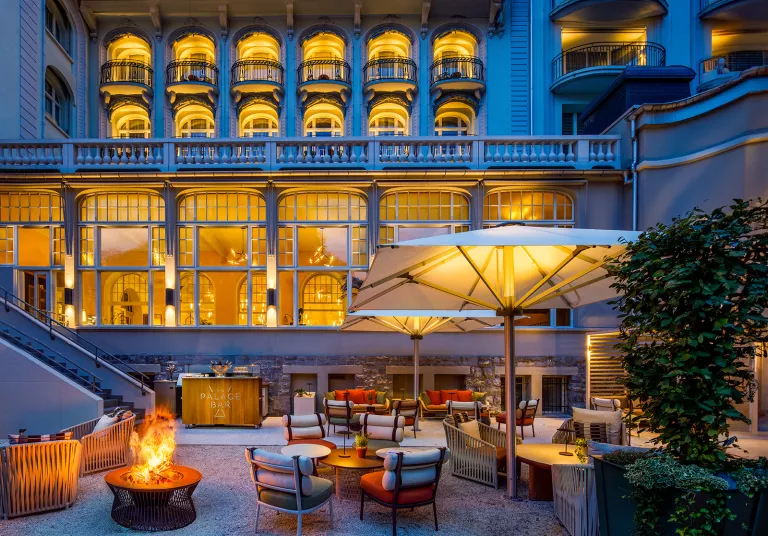 hotel and terrace lit up at night