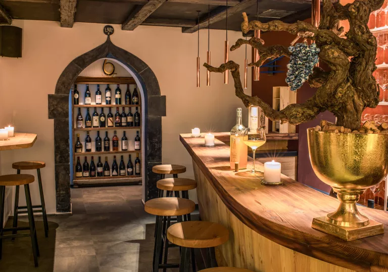 Bar and lounge with a wooden counter and a glass of wine on top