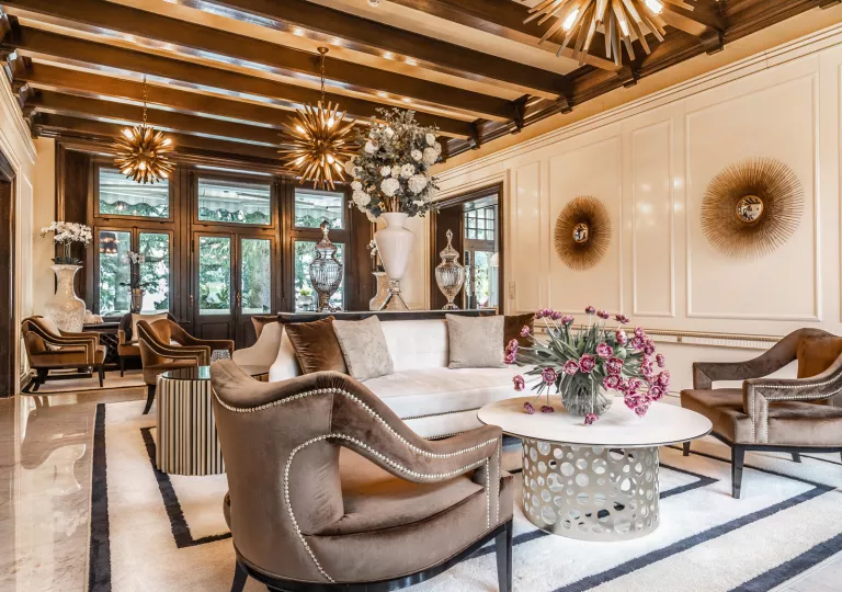 living room with spikey chandeliers