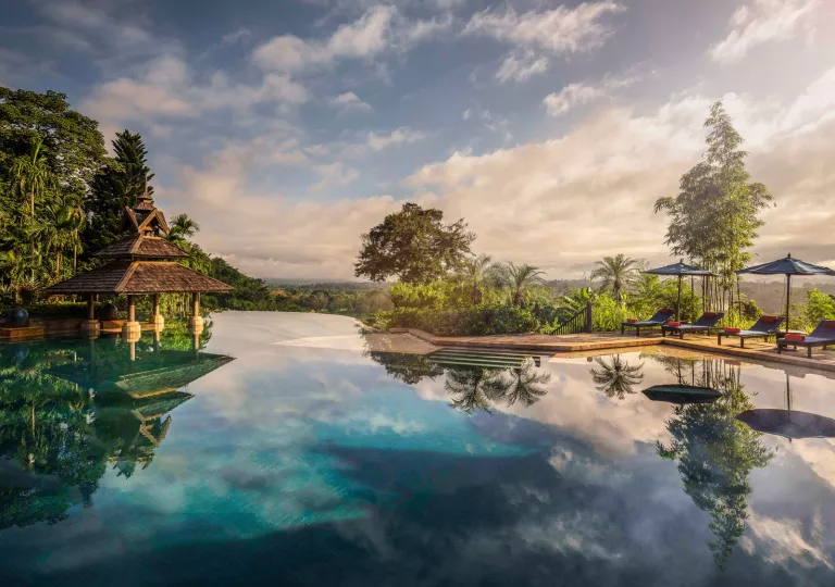 large infinity pool and greenspace