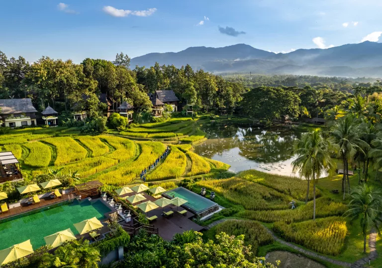 aerial view of hotel grounds with pool
