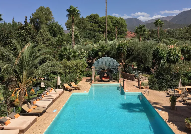 Outdoor pool with cushioned reclining chairs, surrounded by trees