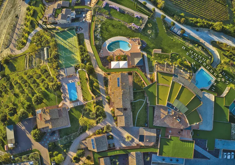 panoramic view of hotel and spa grounds