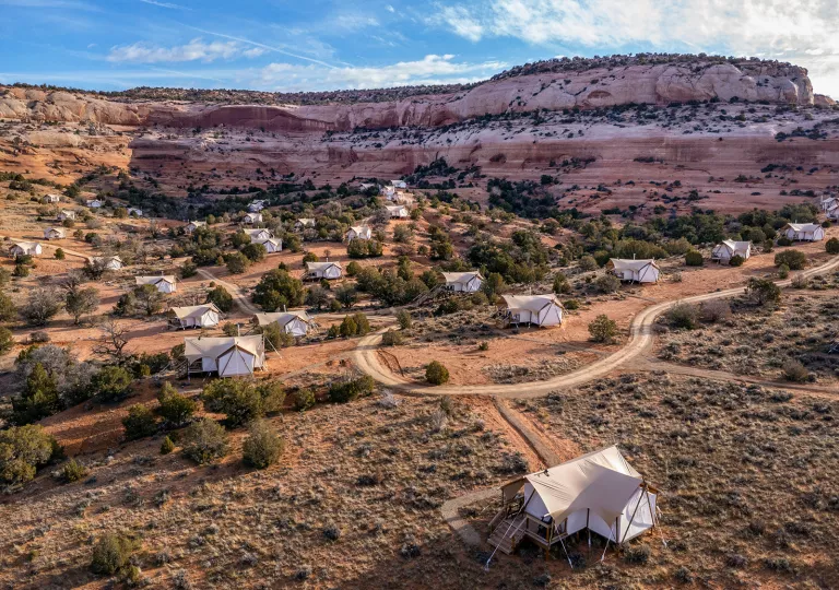 Desert with glamping tents