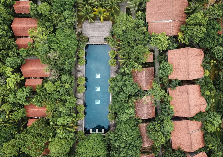Aerial view of hotel pool in the forest
