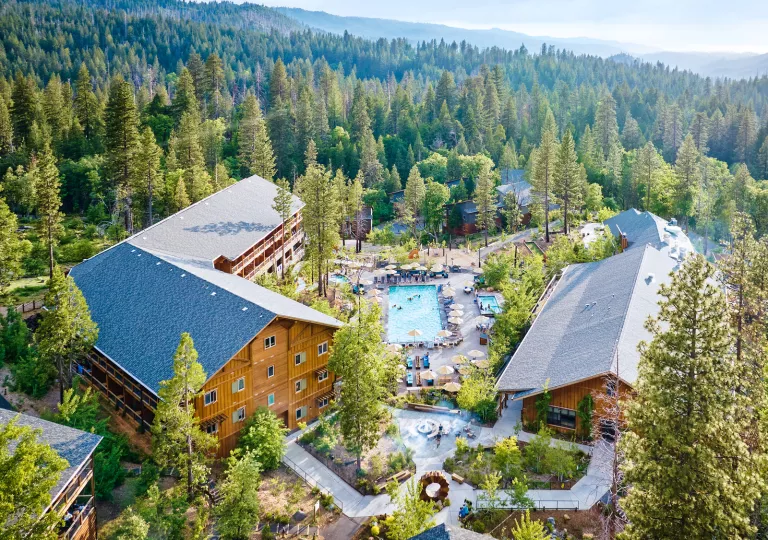 Exterior view of wooden hotel building with an outdoor pool, surrounded by tall trees