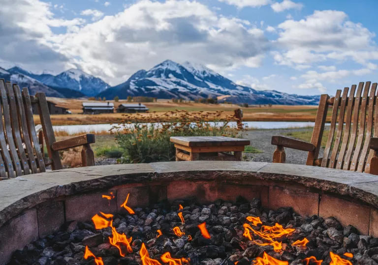 fire pit with a view of the mountains