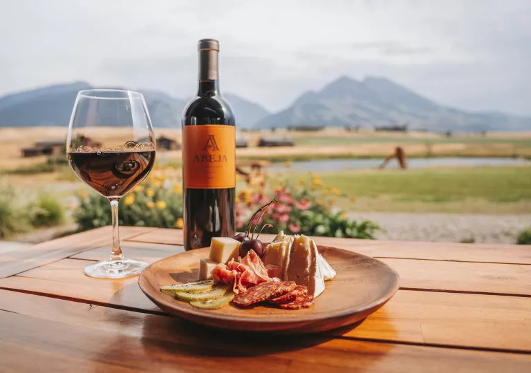 wine bottle, glass of wine, and cheese plate with a view