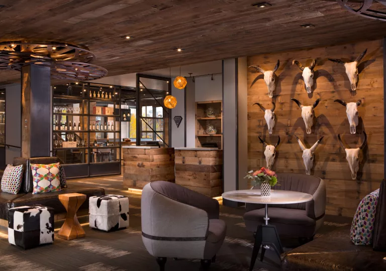 Wooden bar and lounge with dried animal skulls on the wall
