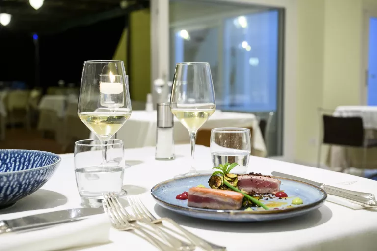 Plate of cooked salmon with two wine glasses in front