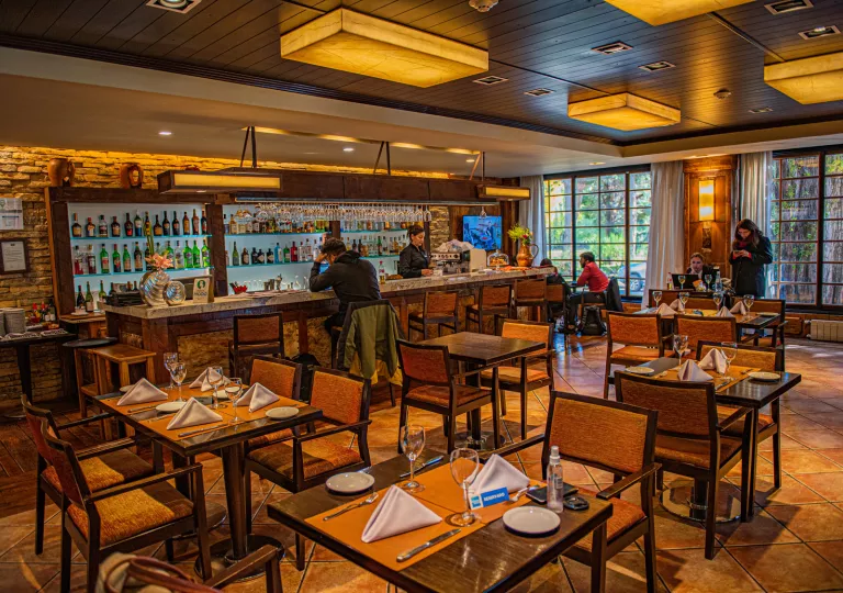 Bar and lounge with wooden tables and cushioned chairs, with people sitting by the bar counter