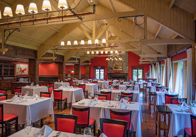 Restaurant dining hall with red chairs and white tables