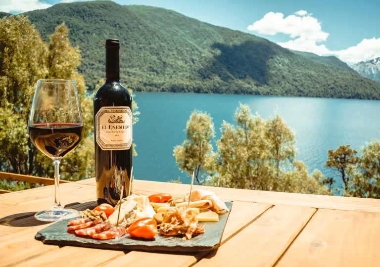 Rock slab with meats and cheeses with a bottle of wine to the left