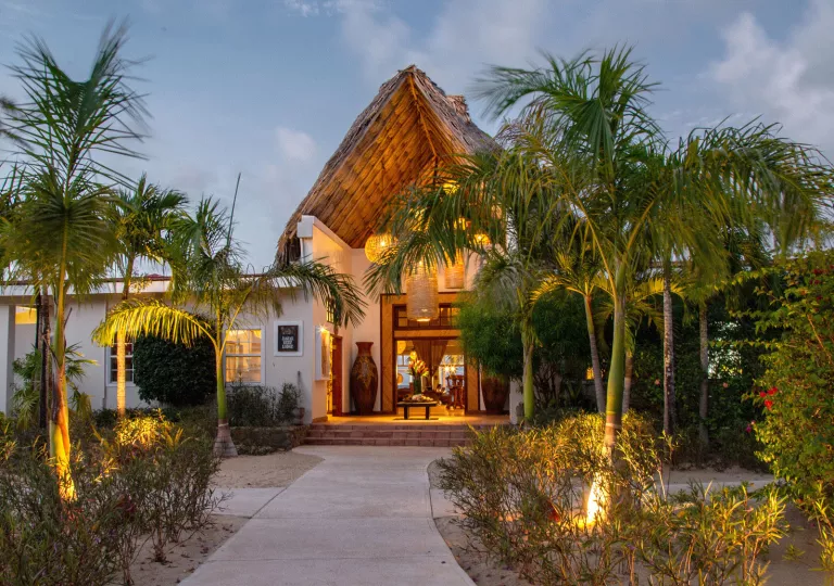 Exterior view of dimly lit hotel building with palm trees in front