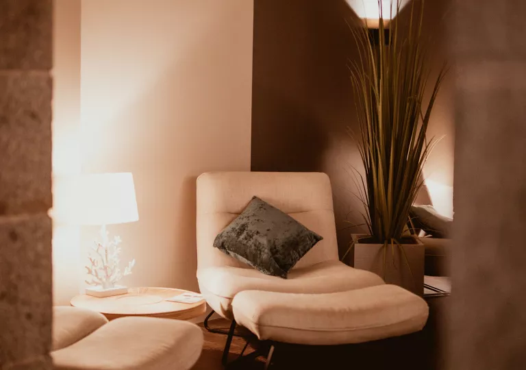 Upholstered chair with pillow and blanket on it