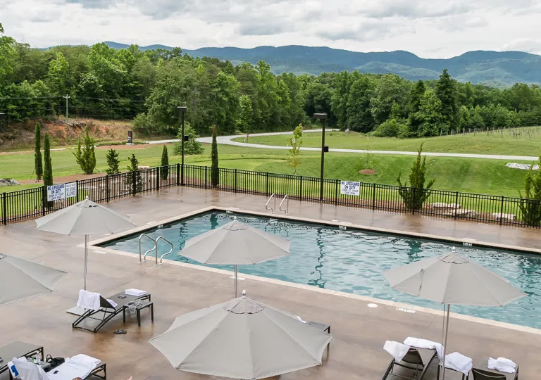 Pool surrounded by grassy area