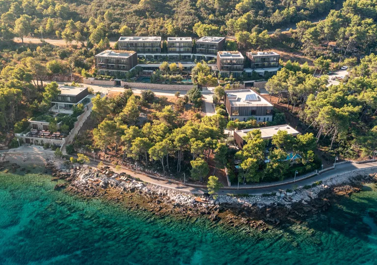 Sky view of hotel complex surrounded by tall trees, with the ocean in front