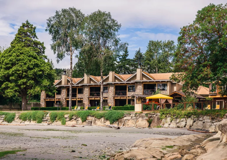 Exterior view of a hotel building with large windows, with tall trees surrounding the building