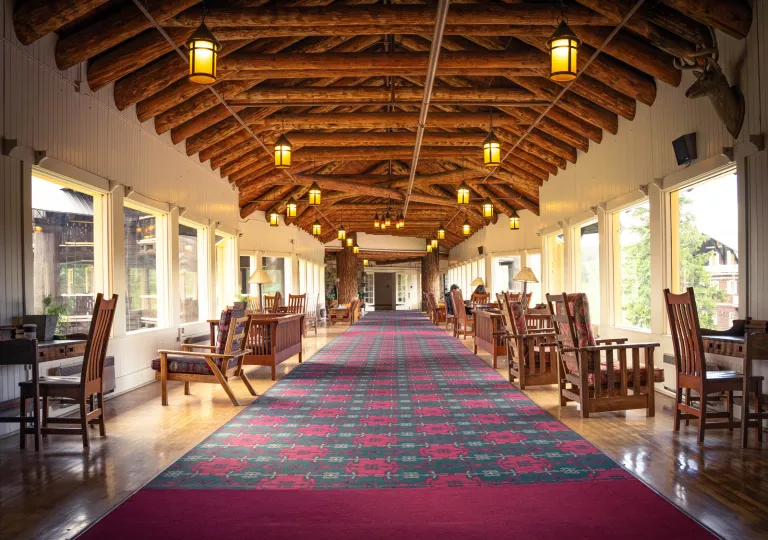 Long hallway with a long rug and cushioned chairs on either side looking out to large windows
