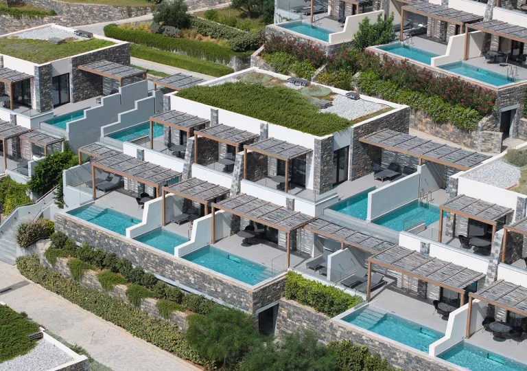 Sky view of hotel gondolas with mini outdoor pools outside
