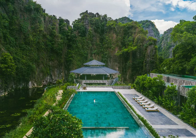 Outdoor pool surrounded by a thick forest