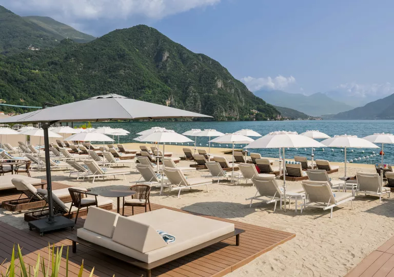 Reclining chairs lined up by the beach, with grassy gills in the distance