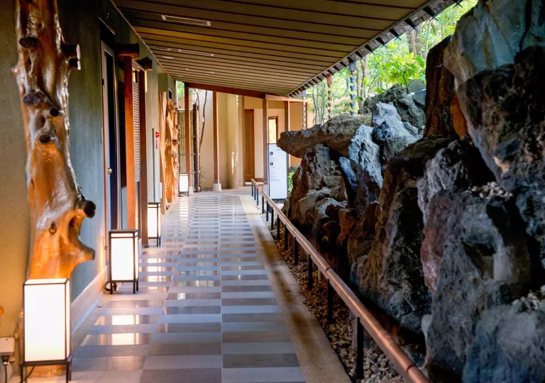 Outdoor walkway surrounded by sculpted wooden statues and large boulders