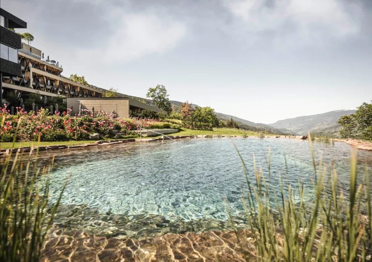 Outdoor pool surrounded by plants and red flowers, with large mountains in the distance