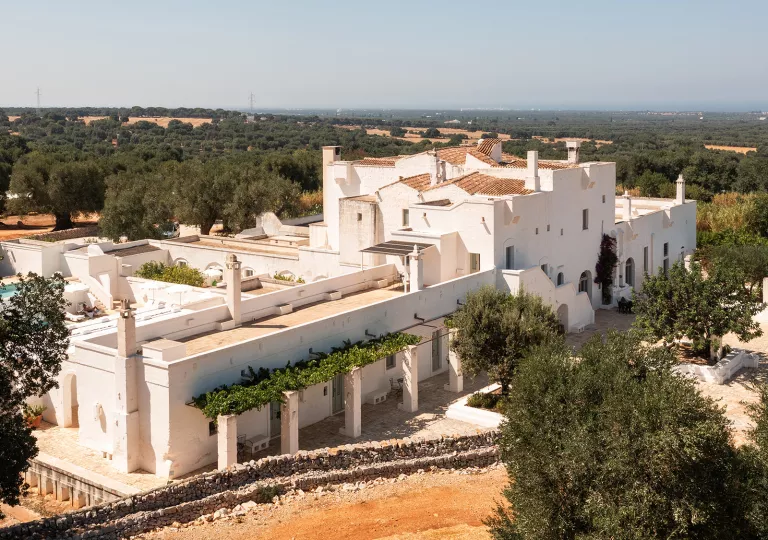 Exterior view of white, stone building complex surrounded by tall trees
