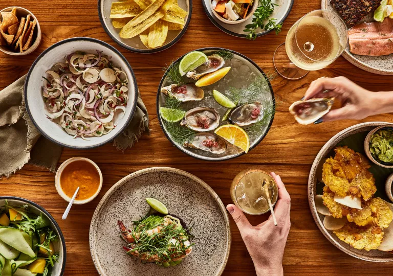 Colorful plates of food on the table
