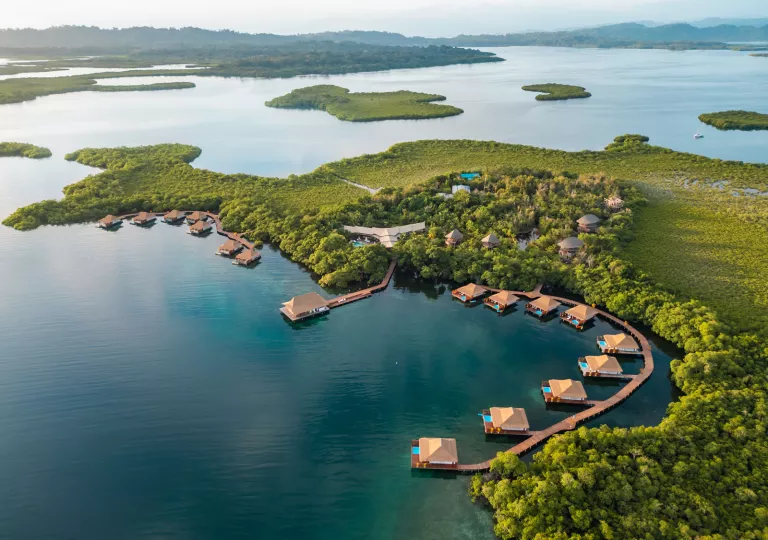 Aerial shot of docks along the coastline