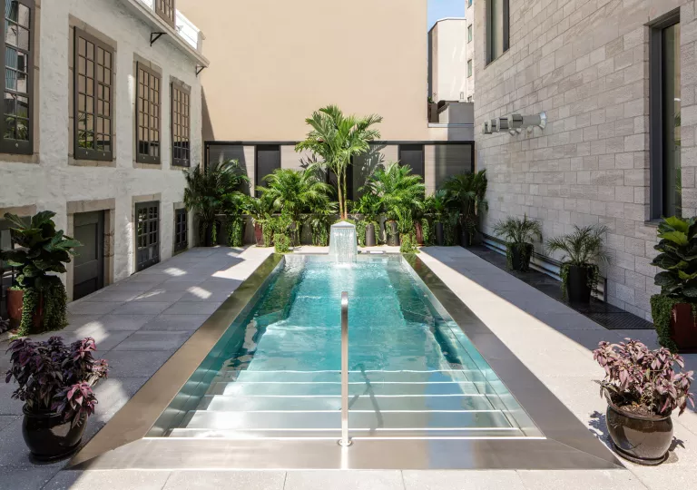 Outdoor pool with a small fountain and green plants in the back