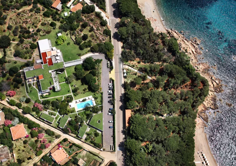 Sky view of hotel complex and the ocean to the right