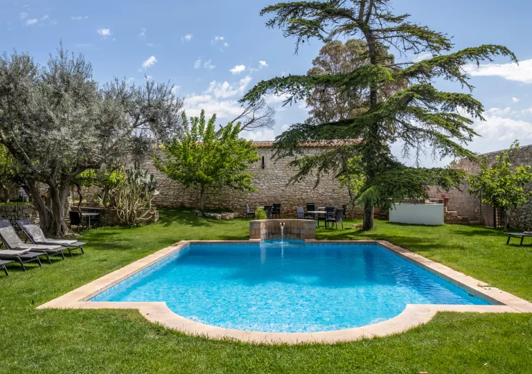 Outdoor pool with a large grass field and tall trees in the back