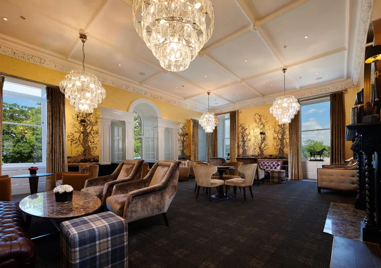 Lounge and seating area with brown, cushioned chairs and large light fixtures from the ceiling