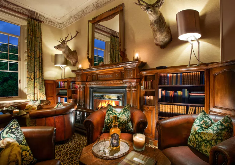 Library and lounge with leather chairs and a fireplace in the background
