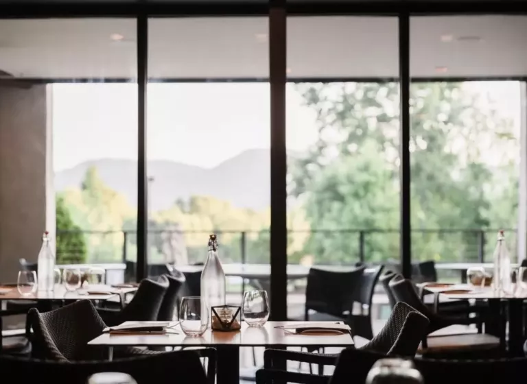 Hotel dining room with large windows