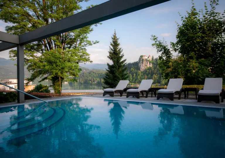 Outdoor pool with a view of the forest in the back