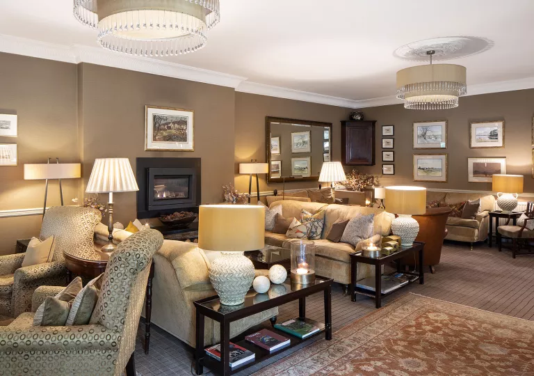 Seating area and lounge with cushioned sofas in front of a fireplace