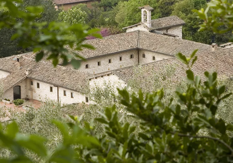 Sky view of a rustic, stone building surrounded by tall, green trees