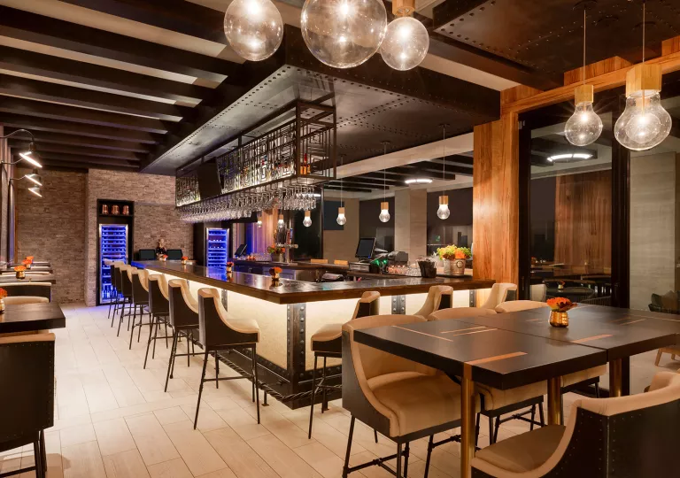 Indoor bar and lounge with black and brown cushioned stools