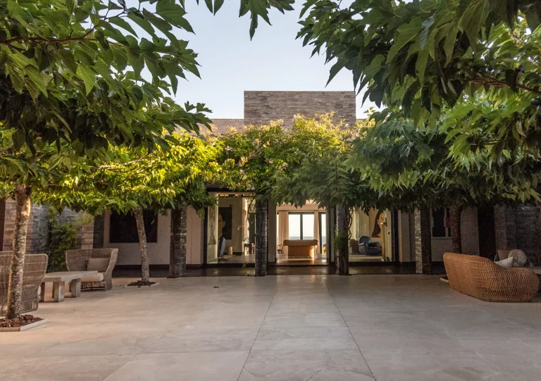 Exterior view of a stone building with a courtyard and large plants covering the walls