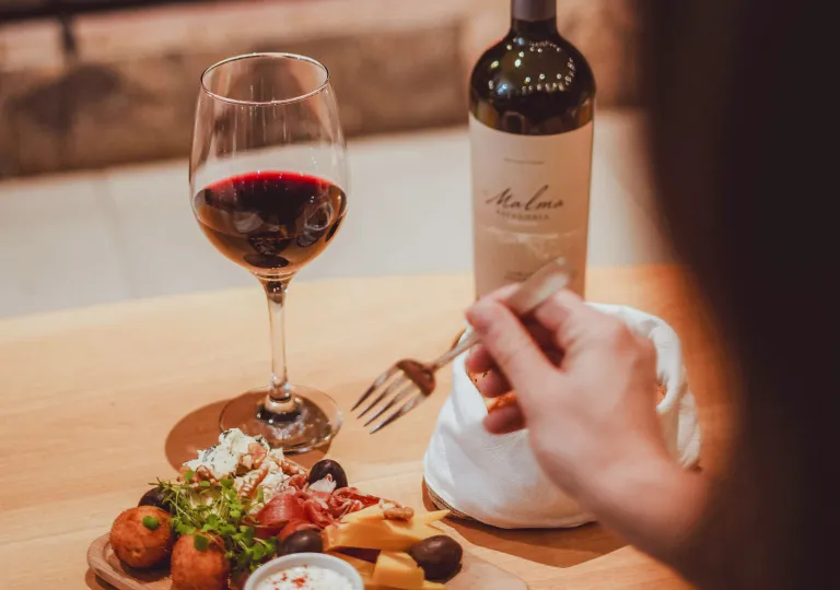 A mezze plate with arancini, olives and cheese with a bottle and glass of red wine at the Hotel Alto Traful.
