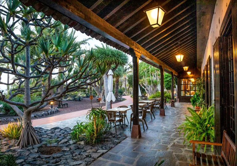 Outdoor patio and garden area with tables and chairs, with tall trees surrounding a building
