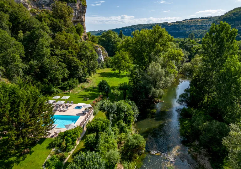 Sky view of large trees surrounding an outdoor pool