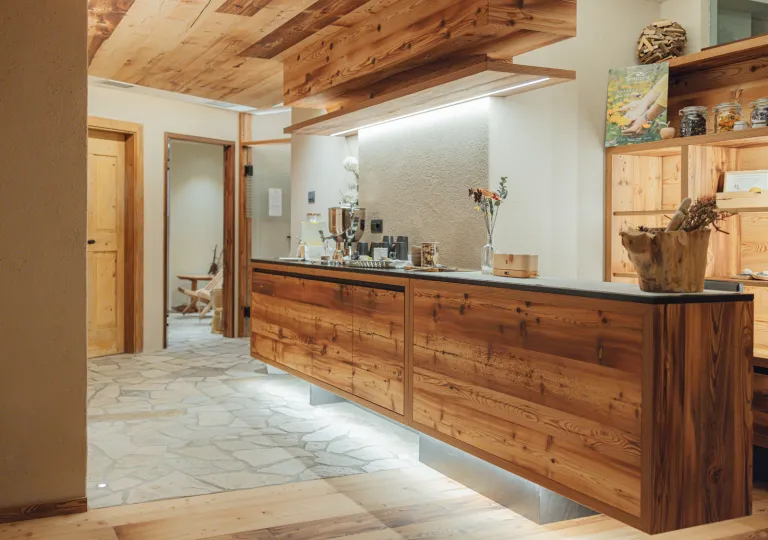 Spa entrance and counter, with wooden ceilings and walls